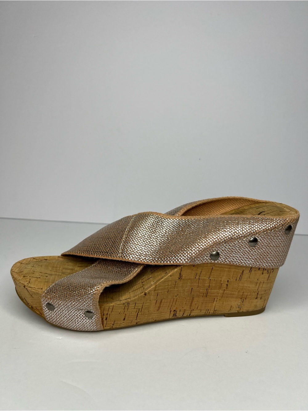 Lucky Brand Miller Metallic Silver Criss Cross Cork Wedge Sandals